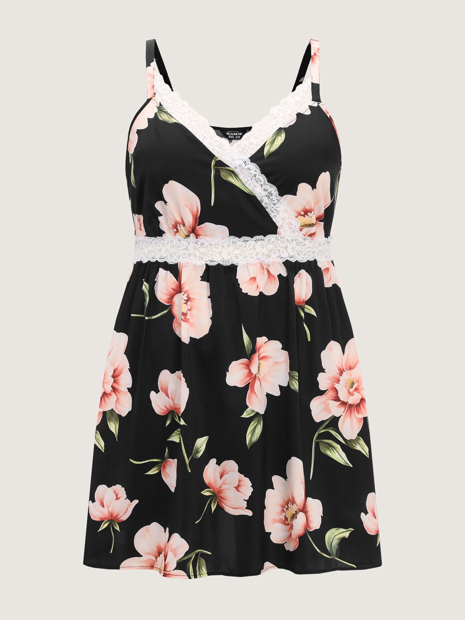 Breezy Floral Print Surplice Lace Neckline Nightgown