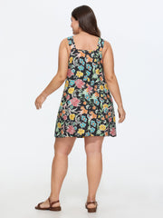 Floral Print Pockets Overall Mini Dress