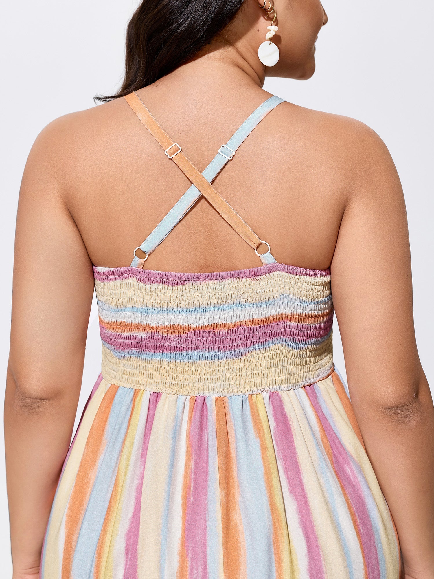 Colorful Striped Print Shirred Pockets Maxi Dress