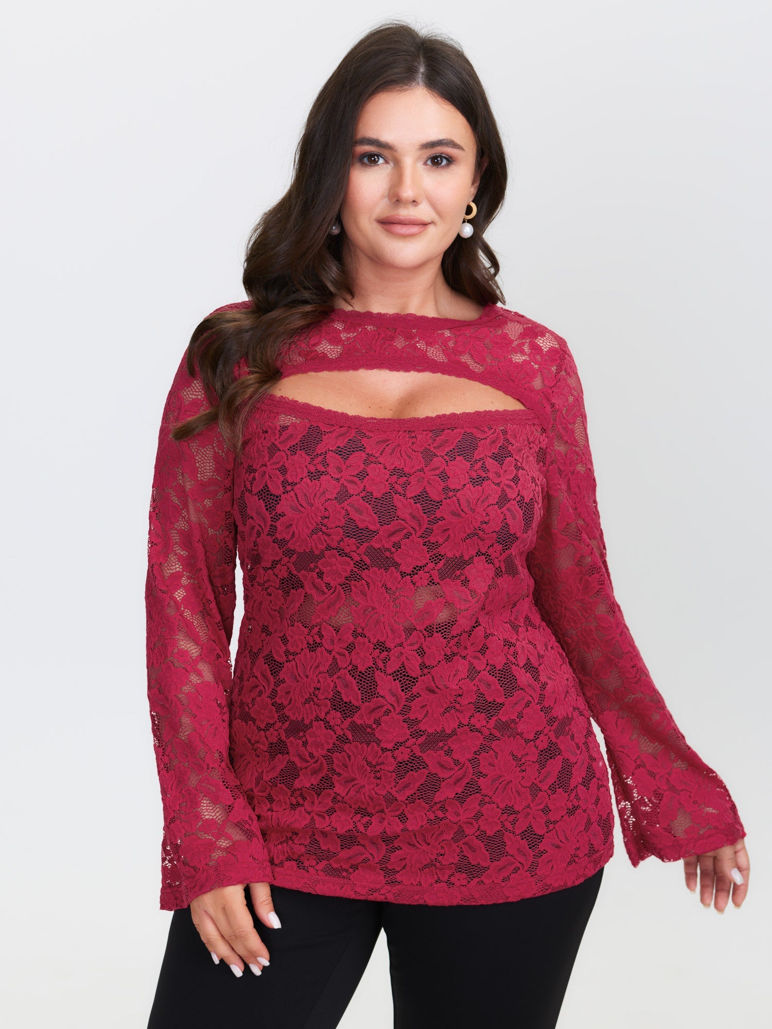 Cut-Out Neckline Sheer Floral Lace Top