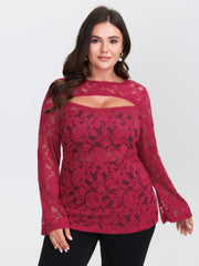 Cut-Out Neckline Sheer Floral Lace Top