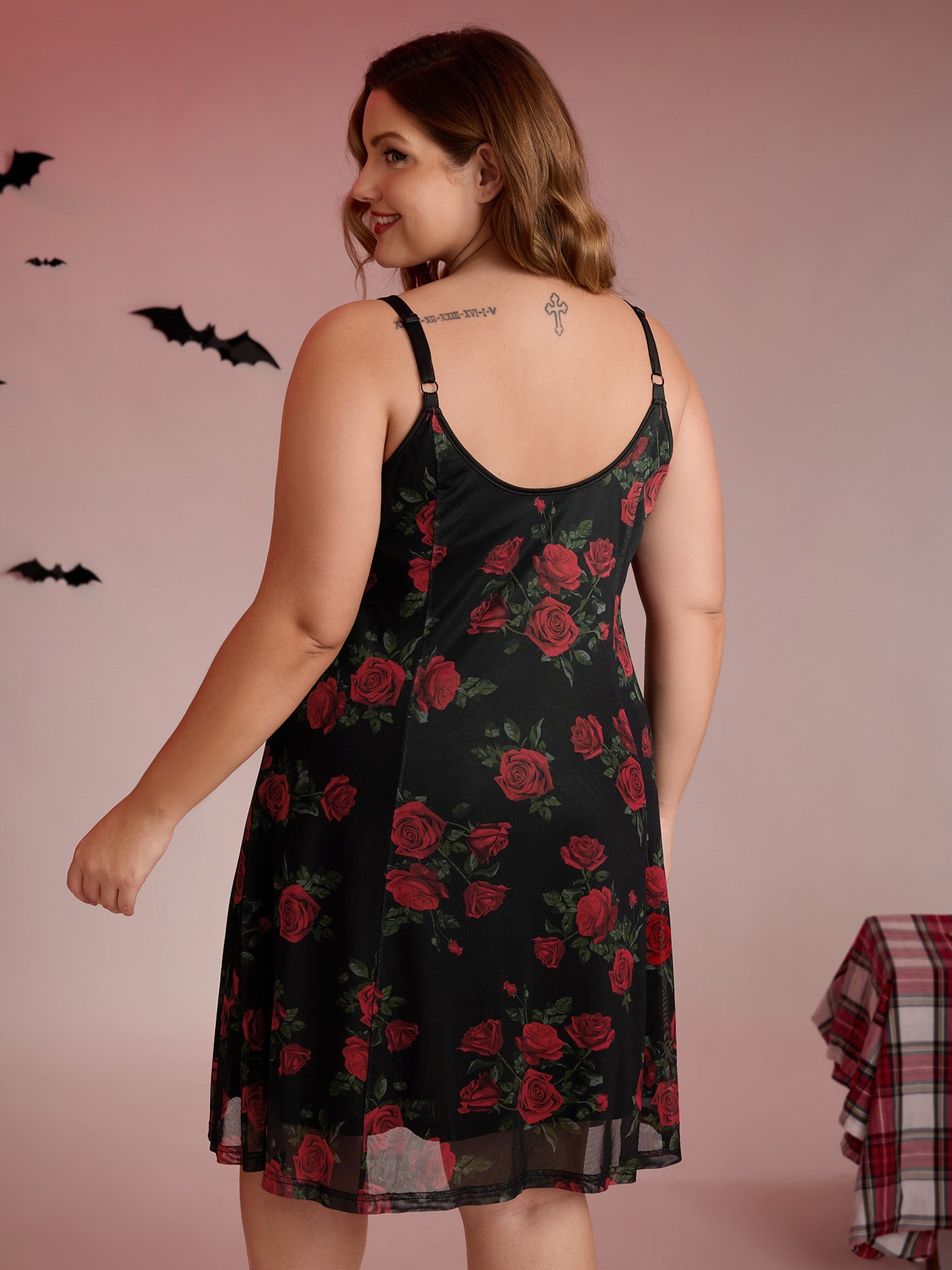 Midnight Rose Print Neck-Ties Cami Nightgown