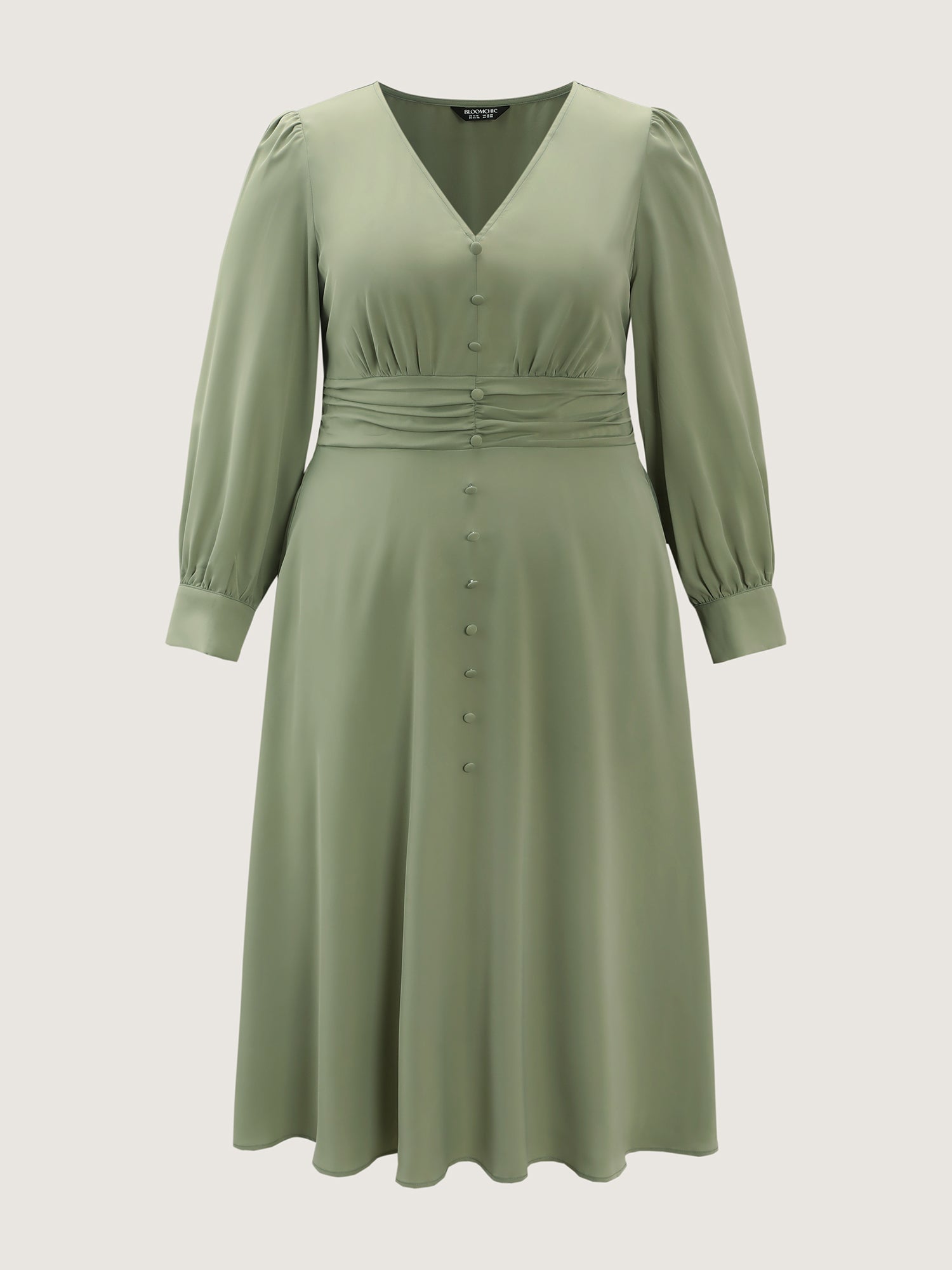 Pleated Waist Deep V-Neck Midi Dress