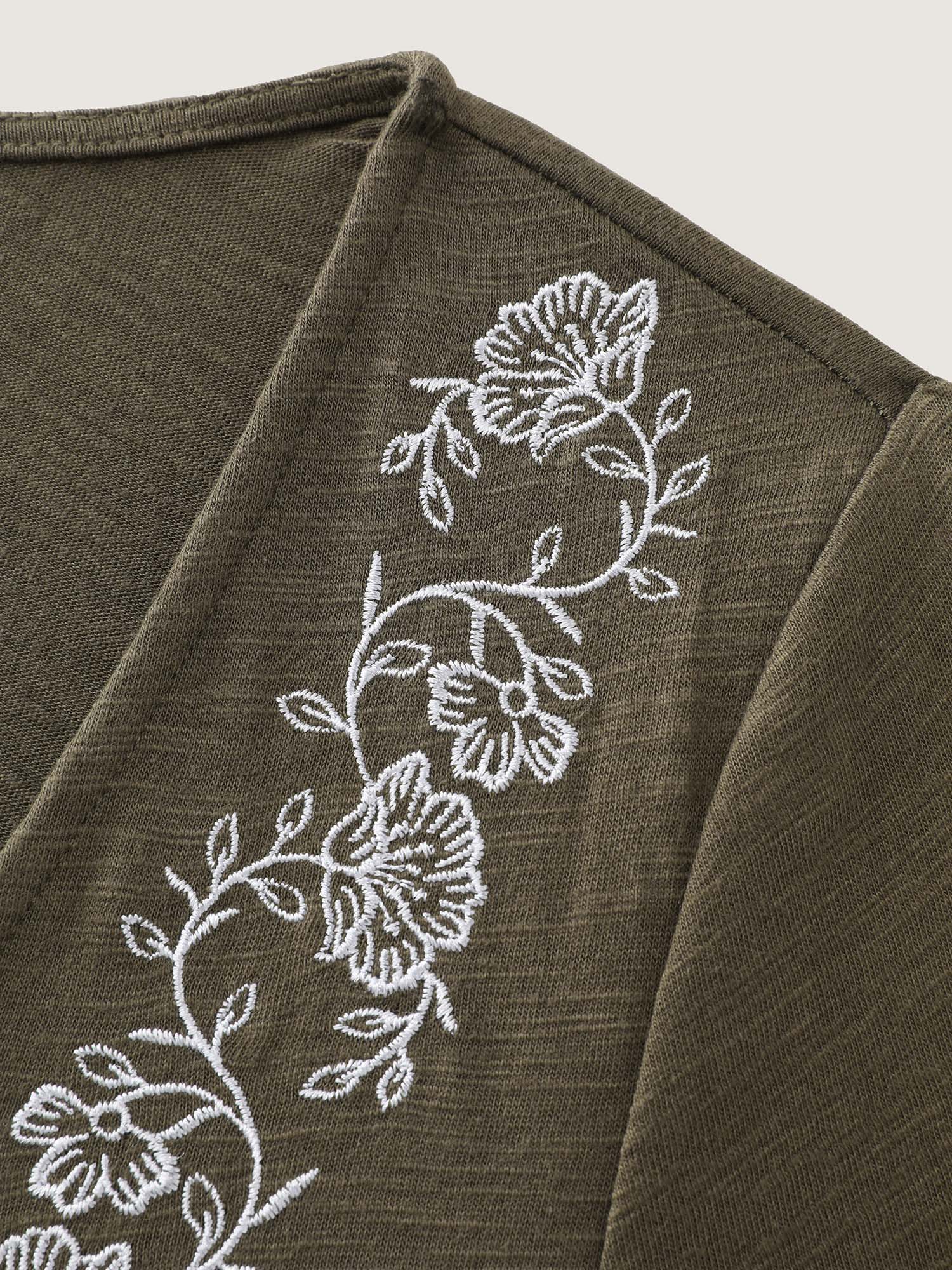Floral Embroidered Square Neckline Button Top