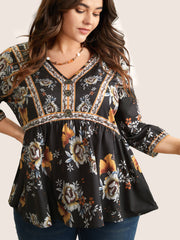 Boho Print V Neck Button Detail Gathered Blouse