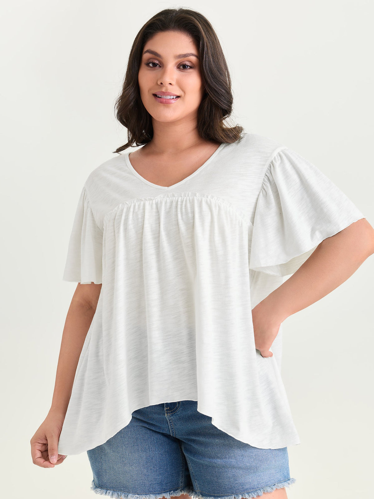 Plain Ruffled Sleeve Relaxed-Fit T-Shirt