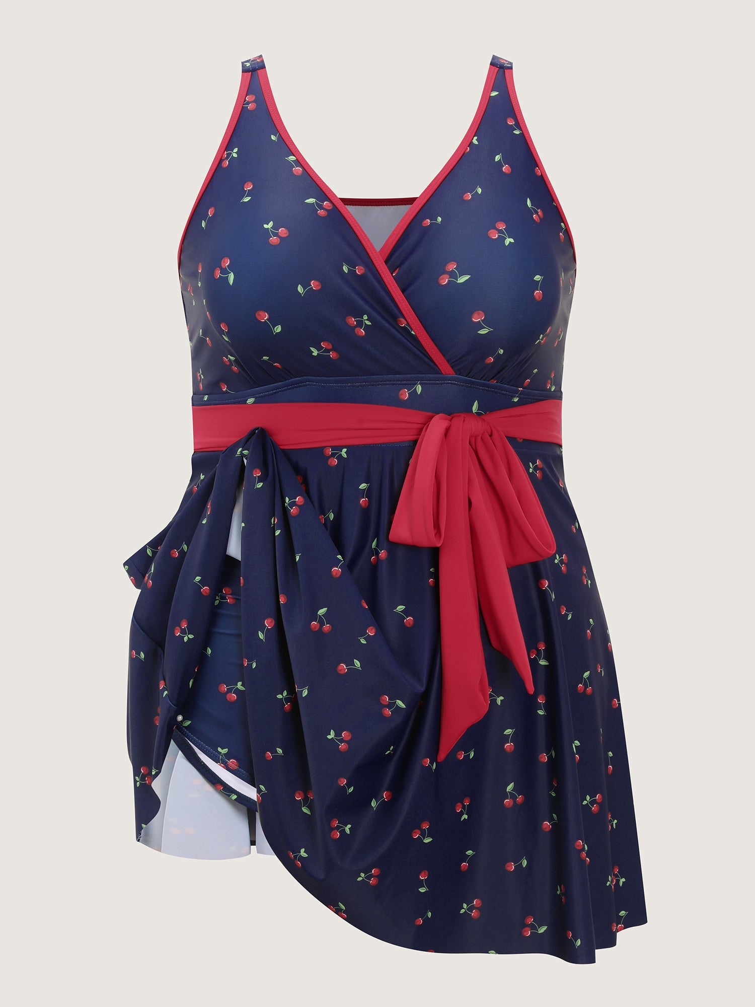 Cherry Print Belted Color Contrast Swim Dress