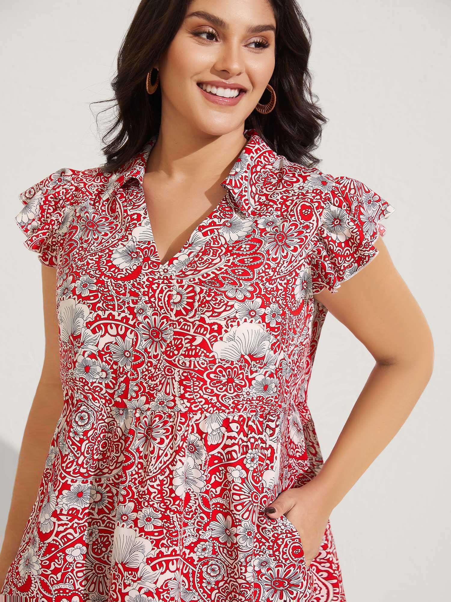 Paisley Print Collar Flutter Sleeve Midi Dress