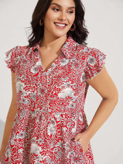 Paisley Print Collar Flutter Sleeve Midi Dress