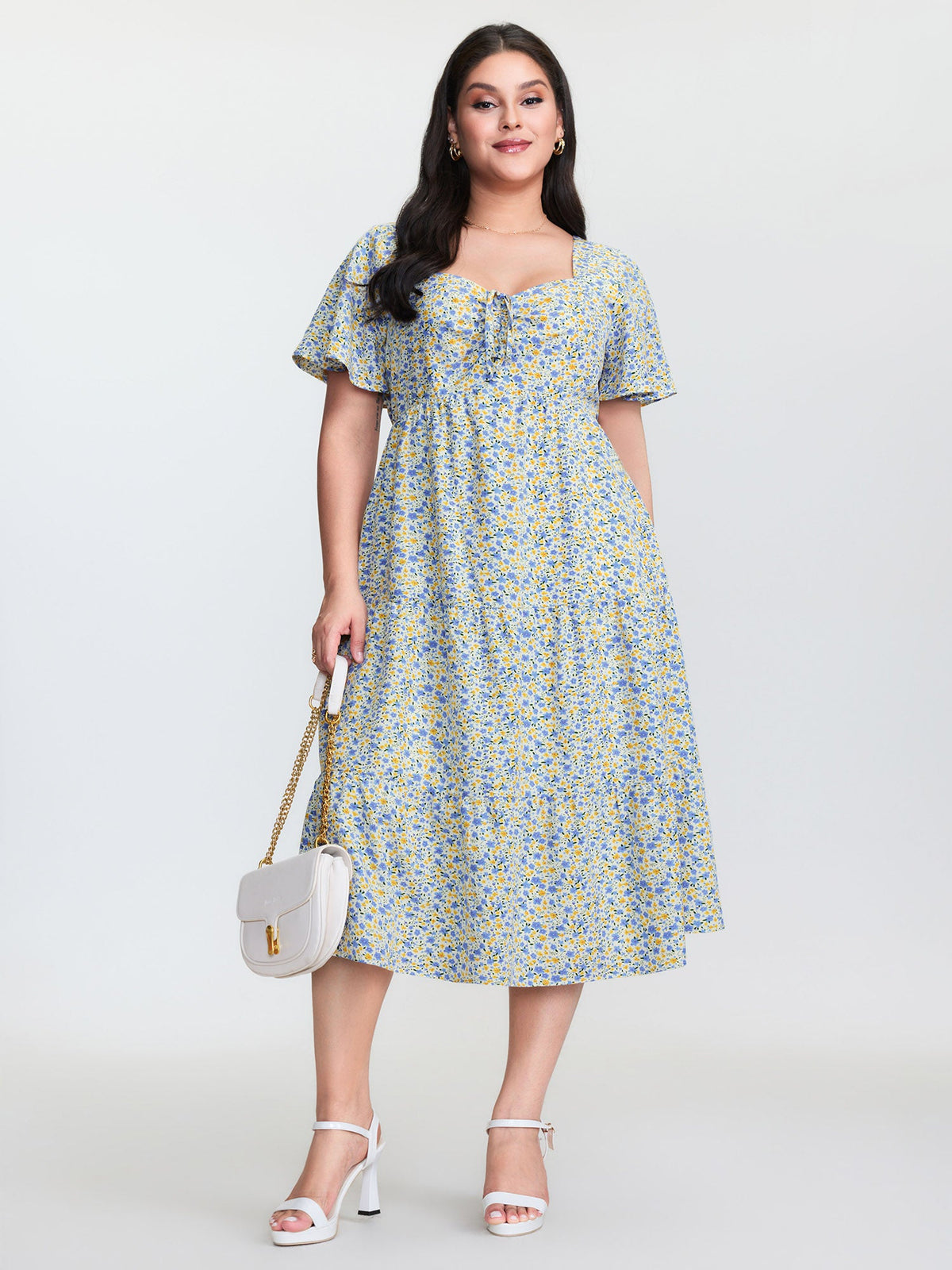 Floral Print Sweetheart Neckline Midi Dress