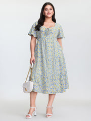 Floral Print Sweetheart Neckline Midi Dress