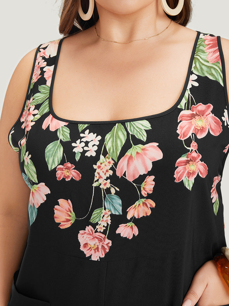 Floral Square Neck Zip Back Pocket Jumpsuit