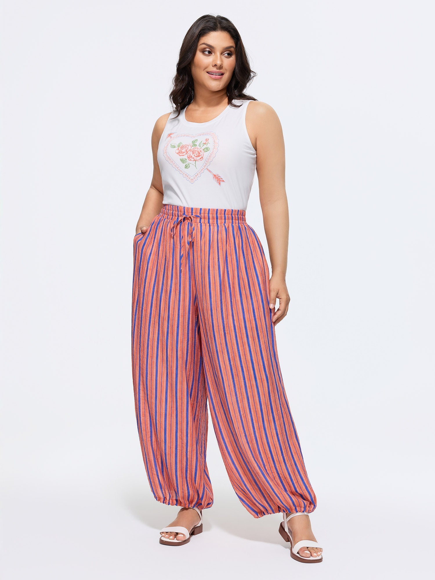 Striped Print Cuffed Hem Drawstring Pants