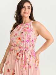 Floral Print Pleated Skirt Midi Dress