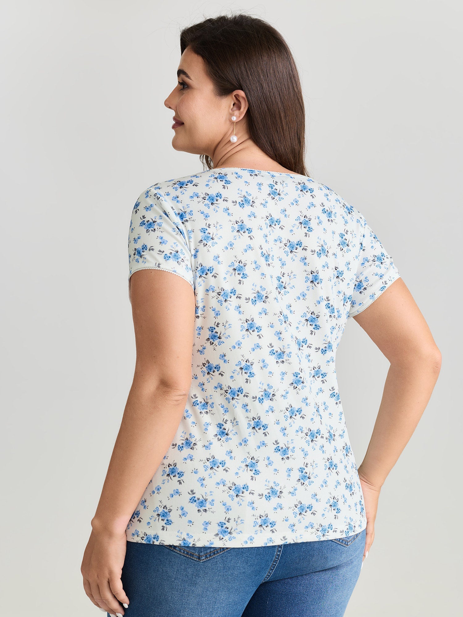 Stretchy Floral Print Curvy Hem T-Shirt