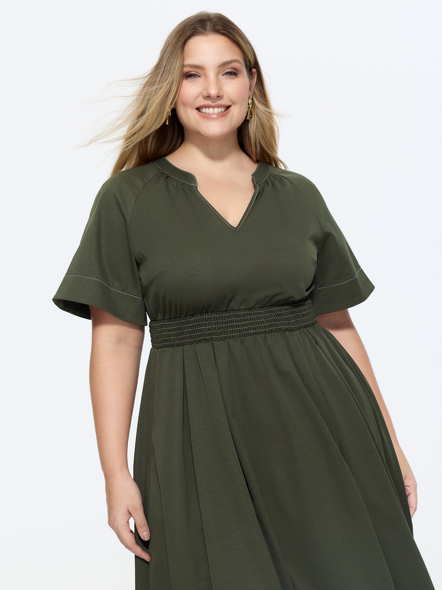 Classic Notched Collar Shirred Midi Dress