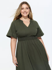 Classic Notched Collar Shirred Midi Dress