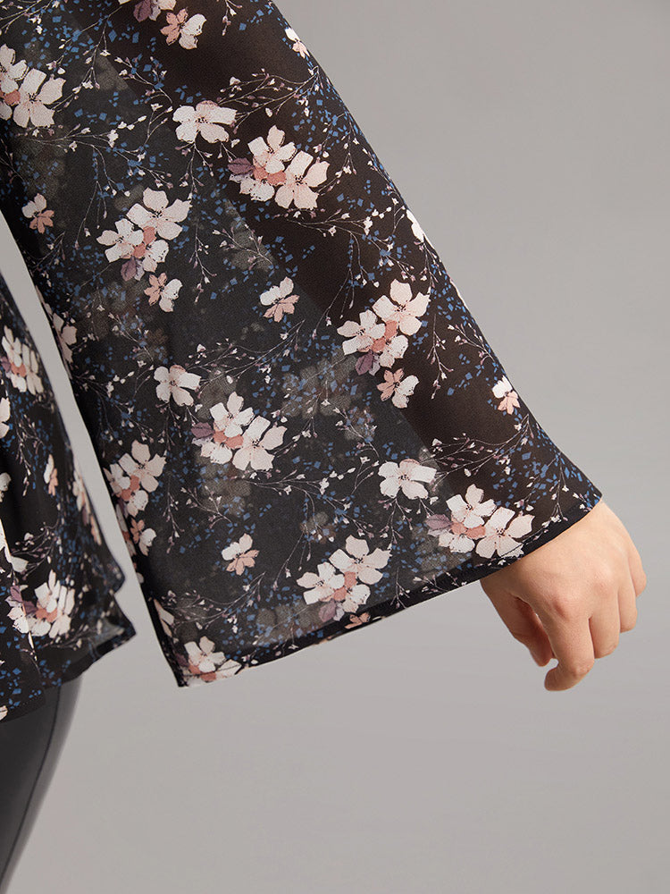 Ditsy Floral Ties Ruffles Elastic Waist Blouse