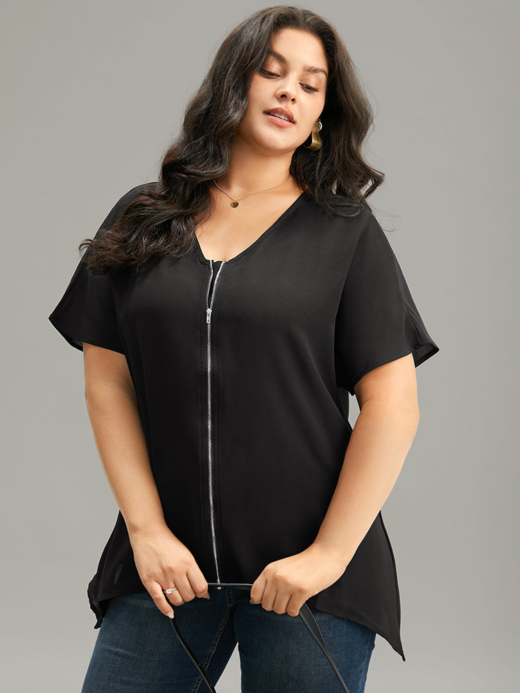 Plain Zipper Curved Hem Blouse
