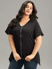 Plain Zipper Curved Hem Blouse