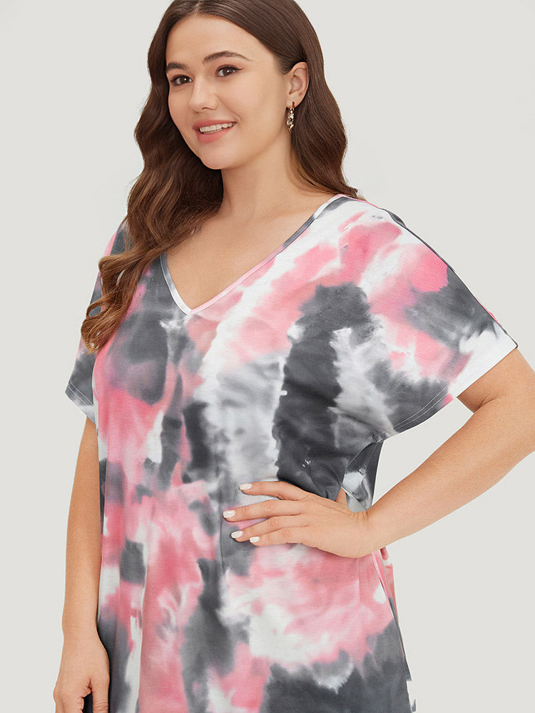 Tie Dye Pocket V Neck Dolman Sleeve Dress