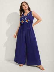 Rayon Floral Embroidery Stretchy Waist Jumpsuit