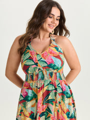 Supersoft Multi-Color Floral Print Shirred Waist Midi Dress