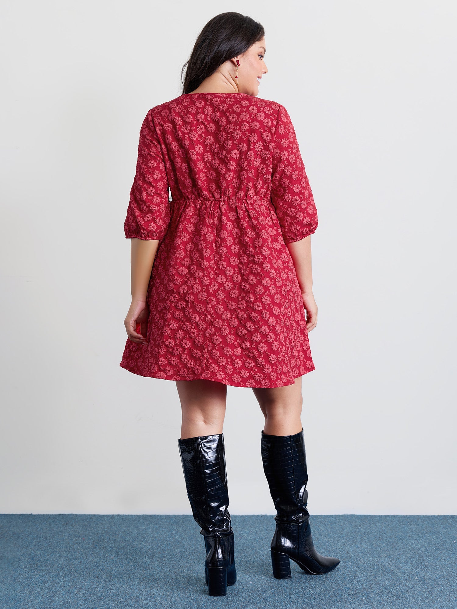 Bowknot Jacquard Stretchy Waist Knee-Length Dress