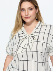 Geometric Print Ribbon Neckline Blouse