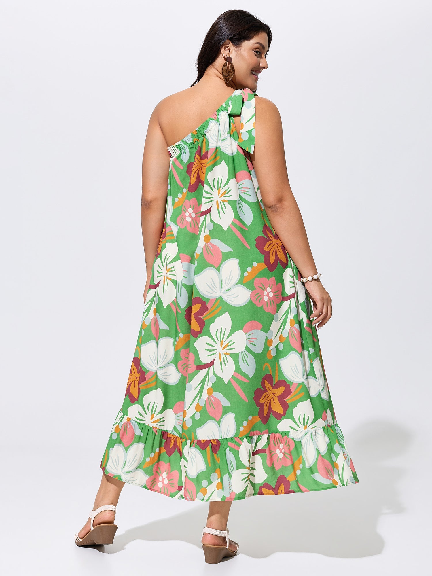 Colorful Floral Print One-Shoulder Tie Maxi Dress