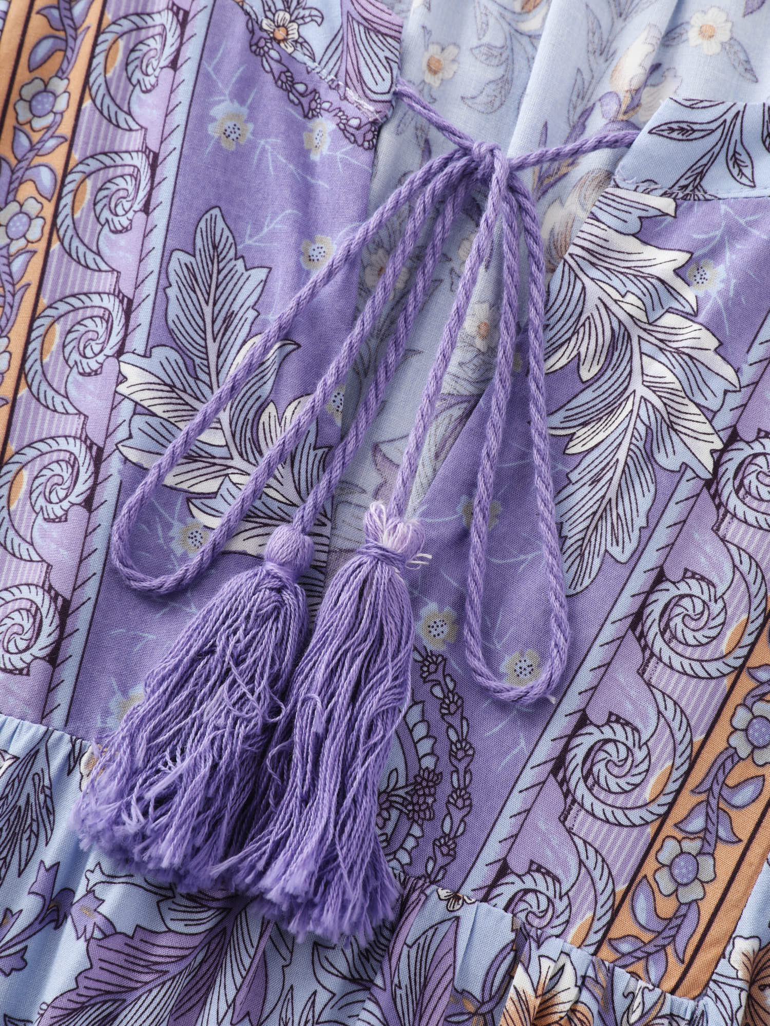 Floral Print Tassels Drawstring Neckline Midi Dress
