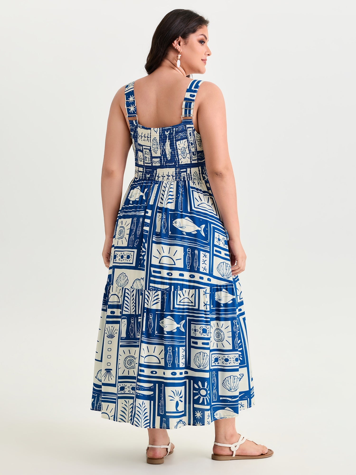Nautical Print Shirred Tiered Adjustable Straps Midi Dress