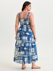 Nautical Print Shirred Tiered Adjustable Straps Midi Dress