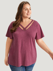 Plain Ruffle Sleeve Heather Crisscross Neck T-shirt