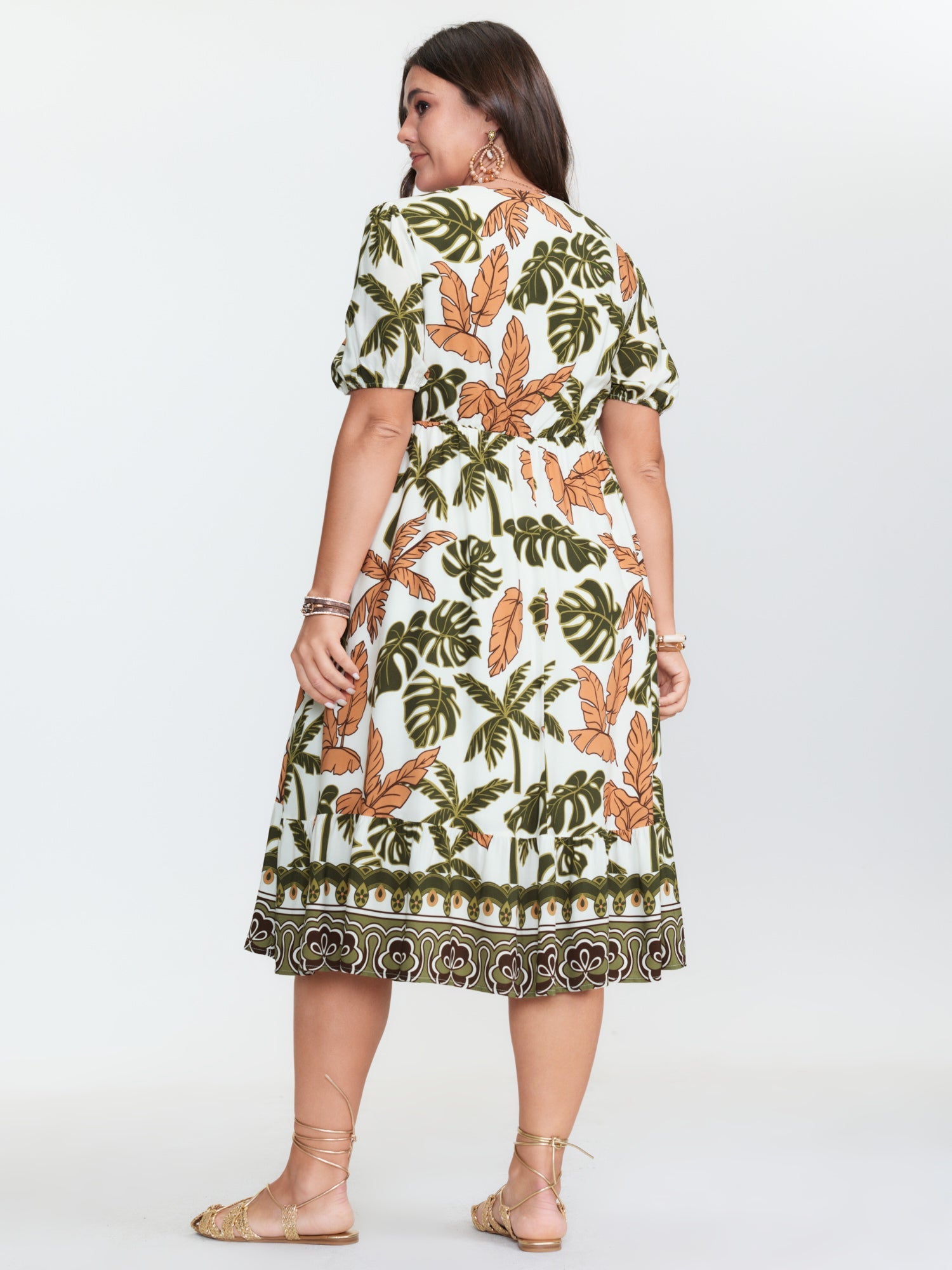 Tropical Print Ruched Sweetheart Neckline Midi Dress