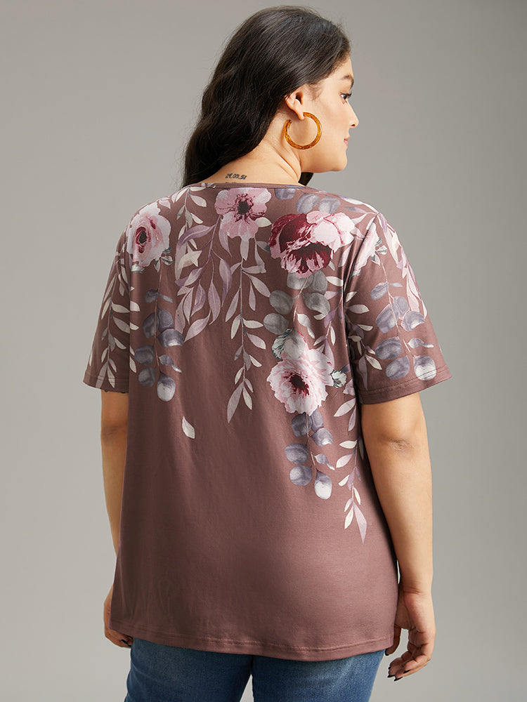 Floral Print Notched Button Up T-shirt