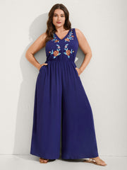 Rayon Floral Embroidery Stretchy Waist Jumpsuit