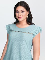Textured Lace Trim Flutter Sleeve T-Shirt
