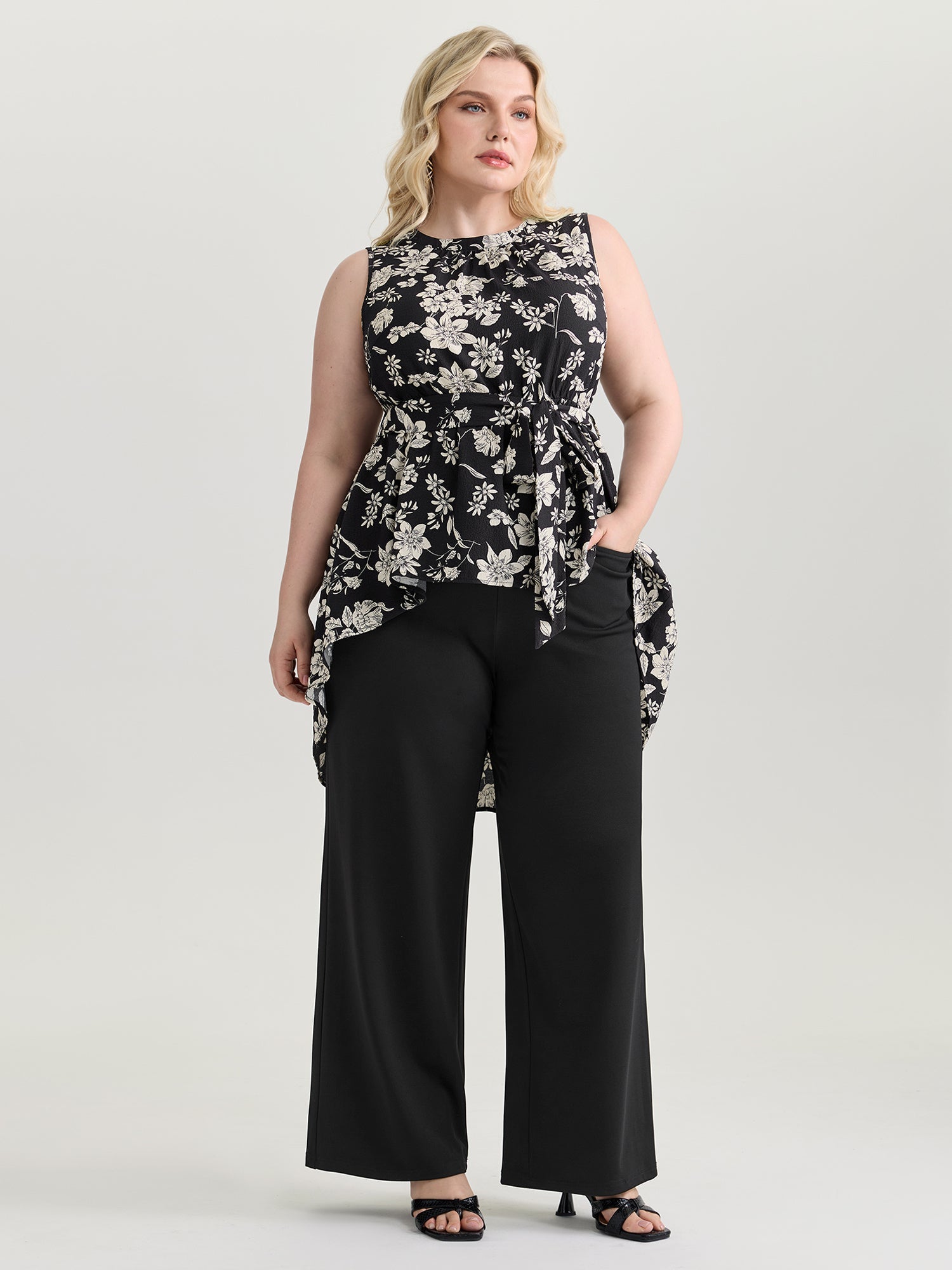 Monochrome Floral Print High Low Hem Top