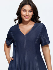 Supersoft Cinched-Waist Pockets Seamed Faux Denim Midi Dress