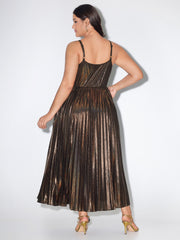 Shimmery Pleated Cami 3D Flower Midi Dress