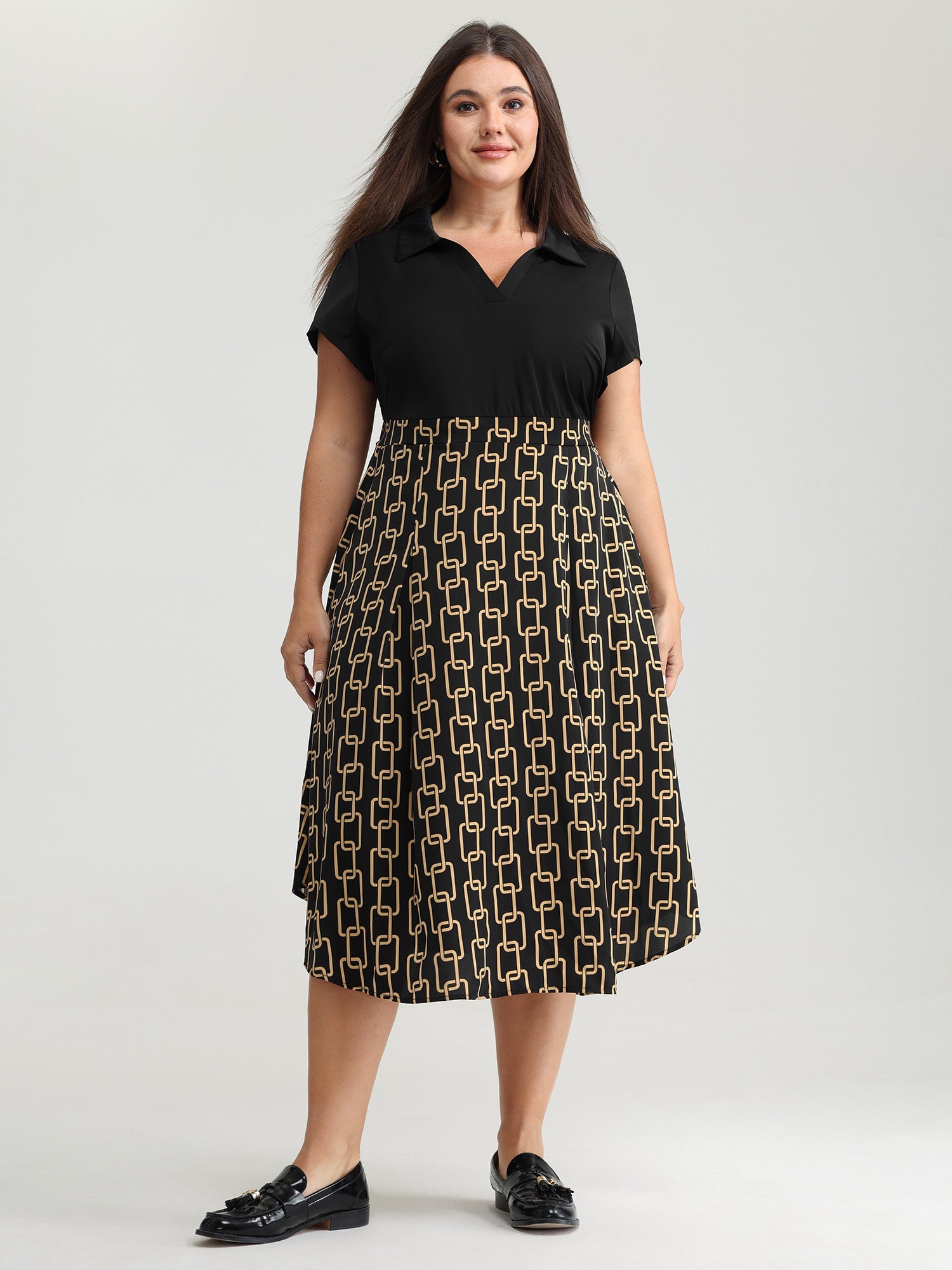 Geometric Print Collar Contrast Midi Dress