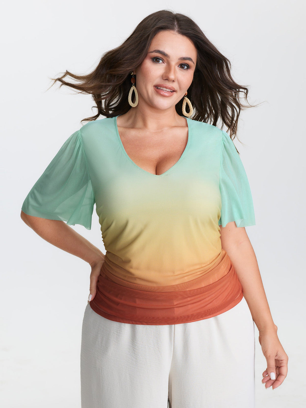 Gradient Ruched Hem Stretchy T-Shirt