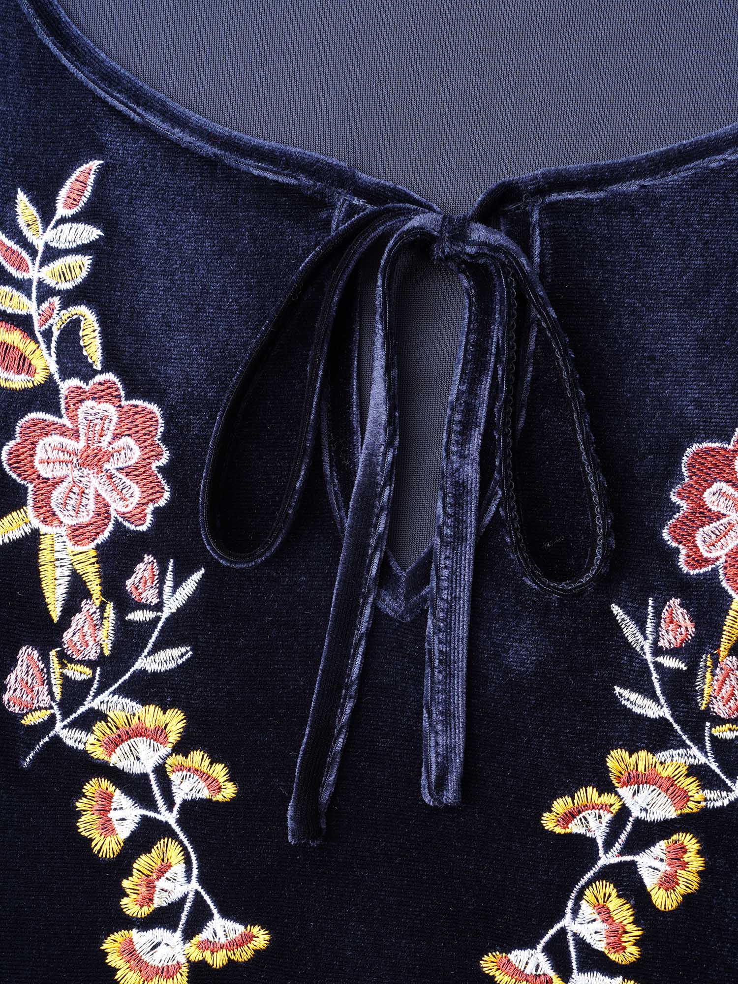 Floral Embroidered Velvet Tie Knot Blouse