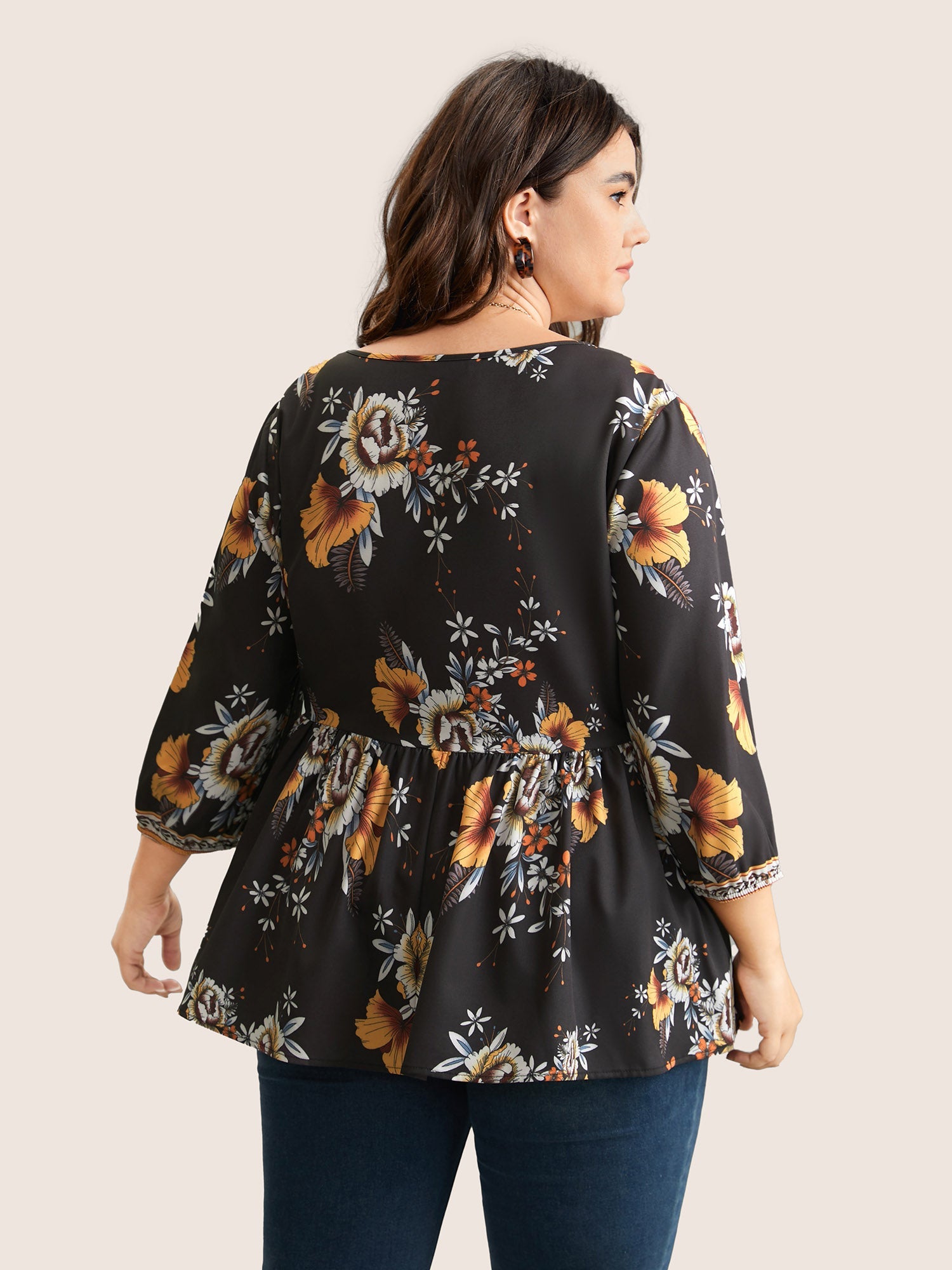 Boho Print V Neck Button Detail Gathered Blouse