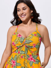 Tropical Print Twist Front Flowy Midi Dress