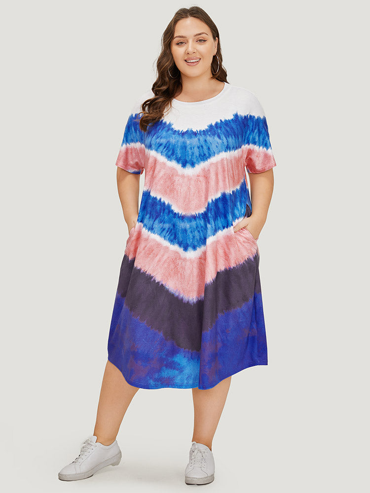Geometric Contrast Pocket Tie Dye Midi Dress