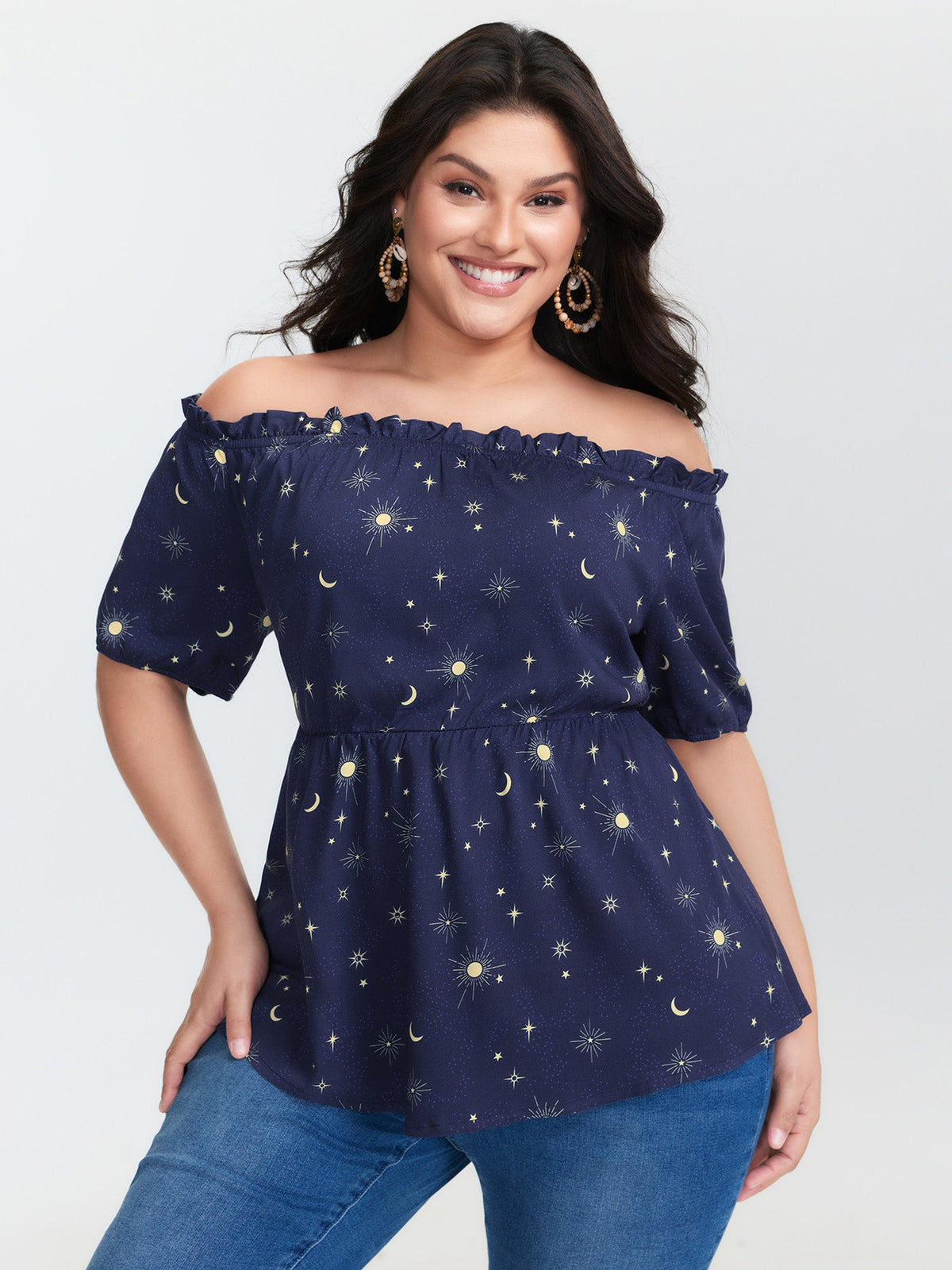 Starry Print Shirred Off-Shoulder Blouse