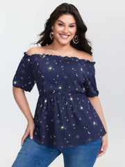 Starry Print Shirred Off-Shoulder Blouse