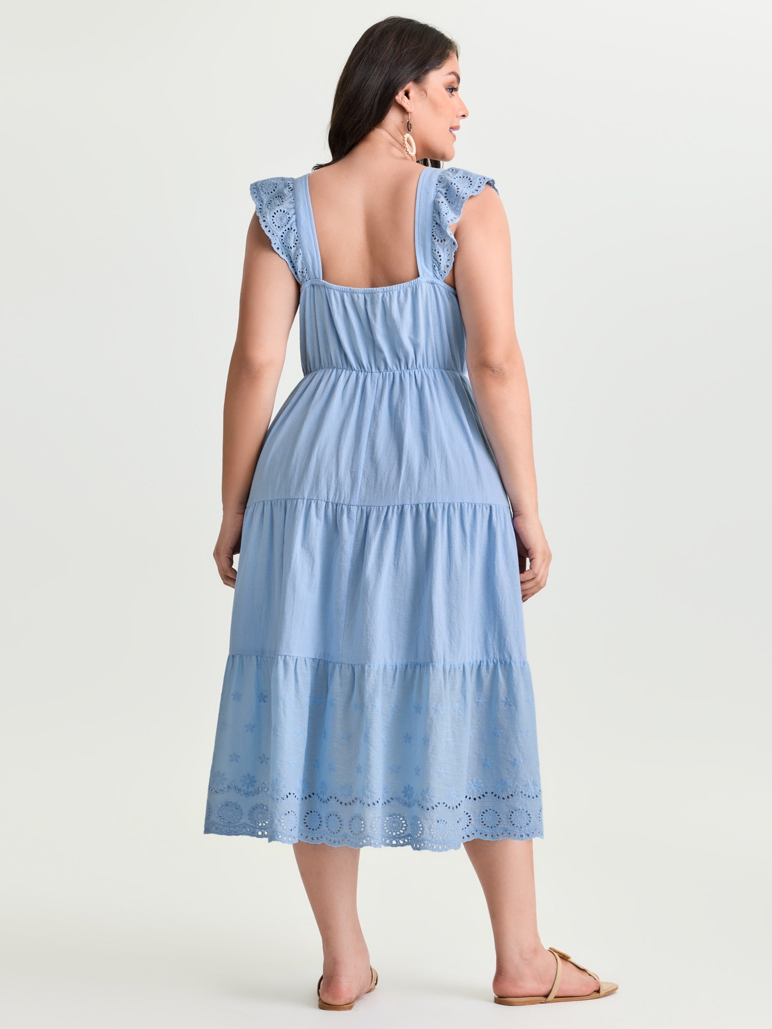 Cotton Flutter Sleeve Tiered Plain Midi Dress